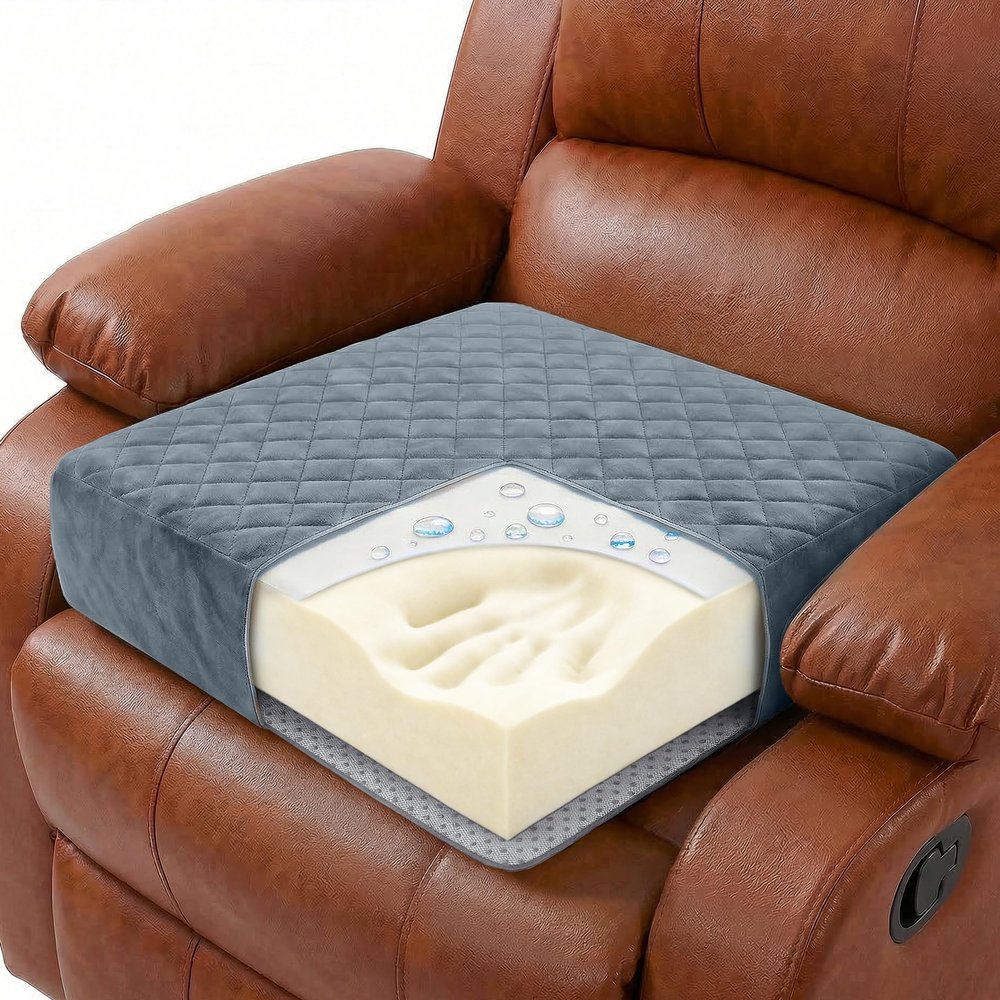 COMFORTANZA Medium-Soft 20x20x5 Memory Foam Recliner Chair Seat Cushion for Long Sitting - Armchair Pad with Washable Velvety Cover with Waterproof Layer & Non-Slip Base for Seniors & Elderly - Gray