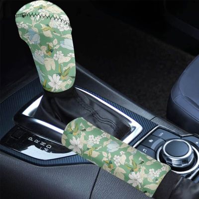 Forchrinse Green Hummingbird Hibiscus Gear Shift Knob Cover & Handbrake Cover Set 2pcs Car Accessories Universal Fit Most Vehicles