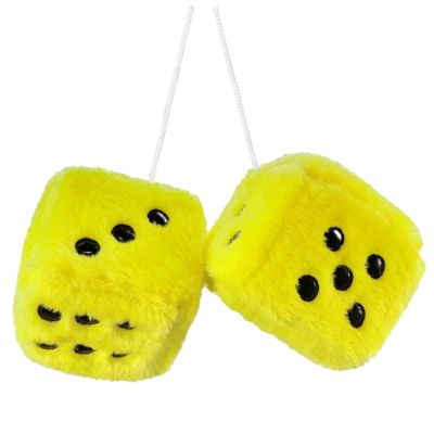Pair 3 Yellow with Black Dots Mirror Fuzzy Plush Dice, Yellow and Black Soft Plush Car Decorative Hanging Ornament