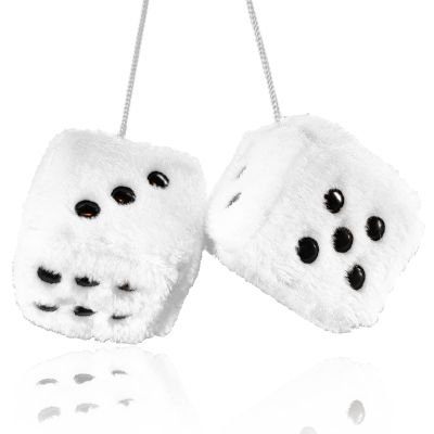 Pair 3 White with Black Dots Mirror Fuzzy Plush Dice, White and Black Soft Plush Car Decorative Hanging Ornament