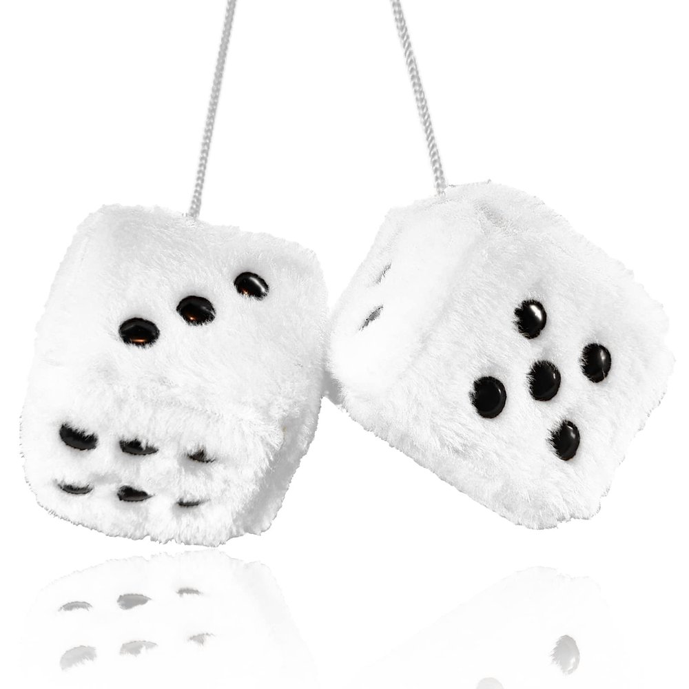 Pair 3 White with Black Dots Mirror Fuzzy Plush Dice, White and Black Soft Plush Car Decorative Hanging Ornament