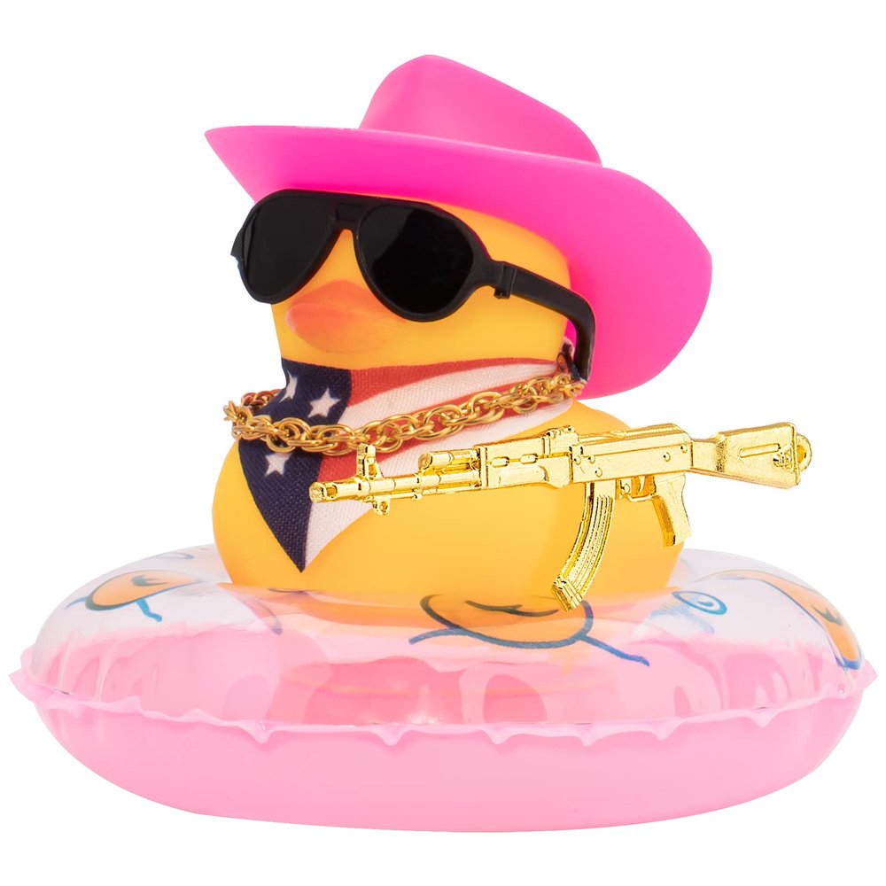 wonuu Car Rubber Duck Decoration, West Cowboy Duck Car Dashboard Decoration Accessories with Mini Swim Ring Cowboy Hat Scarf and Sunglasses(A_Pink Sunglasses Vertical Scarf)