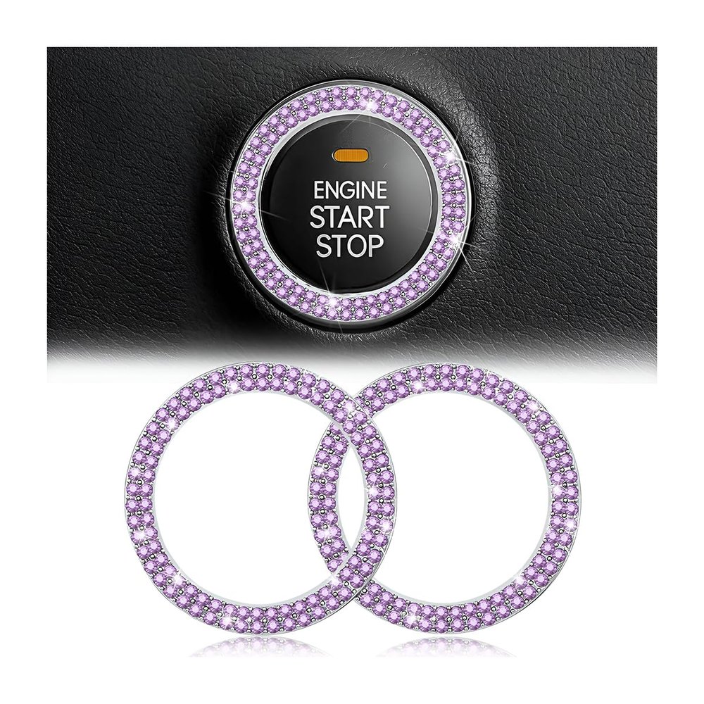 AUKEPO Car Bling Crystal Rhinestone Engine Start Ring Decals, 2 Pack Car Push Start Button Cover/Sticker, Key Ignition Knob Bling Ring, Sparkling Car Interior Accessories(Double Light Purple)