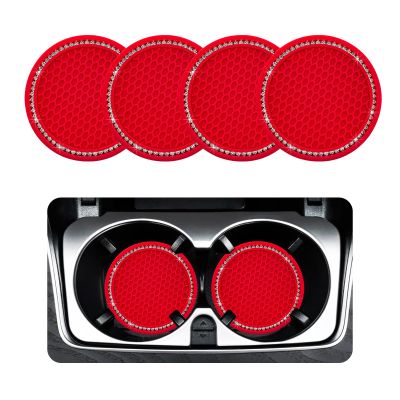 Ziciner 4 Pack Bling Car Coaster, Crystal Soft Rubber Cup Holder Insert Coaster, Anti-Slip Rhinestone Drink Mat, Universal Interior Accessories for Car SUV Truck (Red&White)