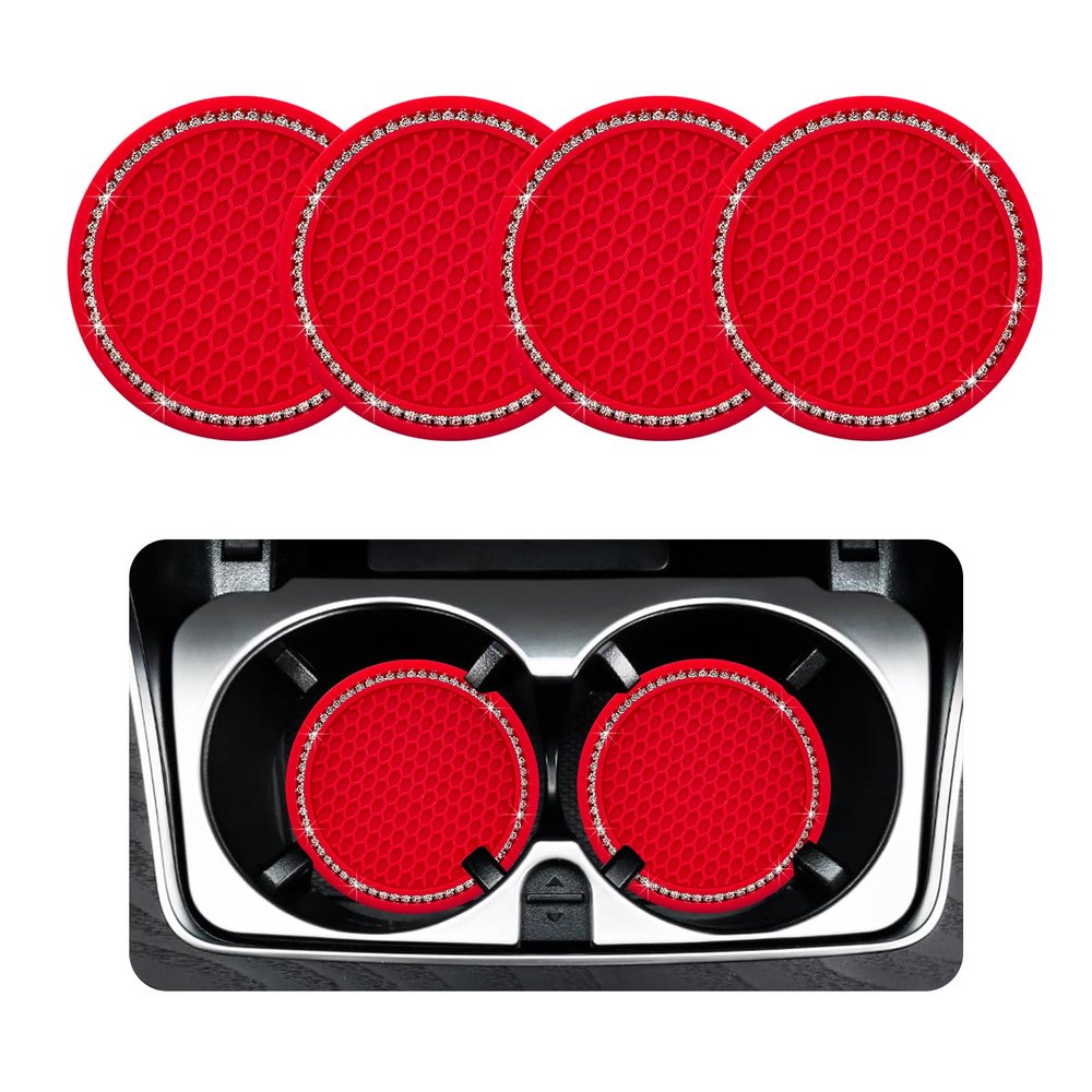 Ziciner 4 Pack Bling Car Coaster, Crystal Soft Rubber Cup Holder Insert Coaster, Anti-Slip Rhinestone Drink Mat, Universal Interior Accessories for Car SUV Truck (Red&White)