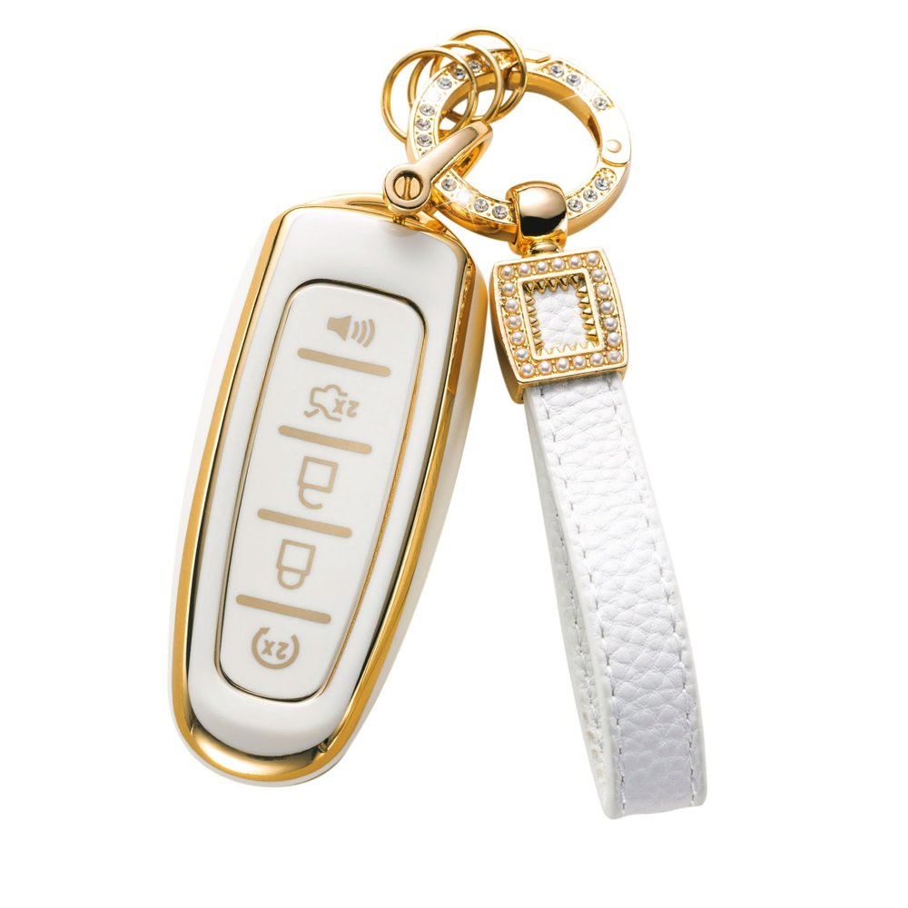 CACARLIKE for Ford Key Fob Cover with Leather Lanyard, Car Key Fob Case Compatible with Ford CMAX Edge Escape Expedition Explorer Flex Focus Taurus Lincoln Smart Key Protector Holder
