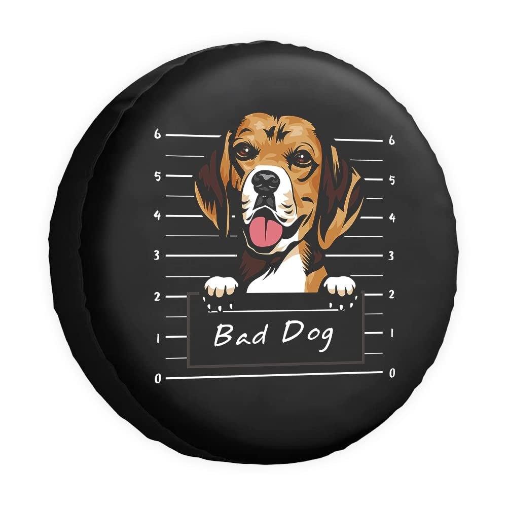 Cafetime Bad Dog Spare Tire Cover Beagle Cartoon Pet Animal Wheel Protectors Covers Water Dust Proof 17 Inch Wheel Covers Universal for Trailer RV SUV Truck Camper Travel Trailers
