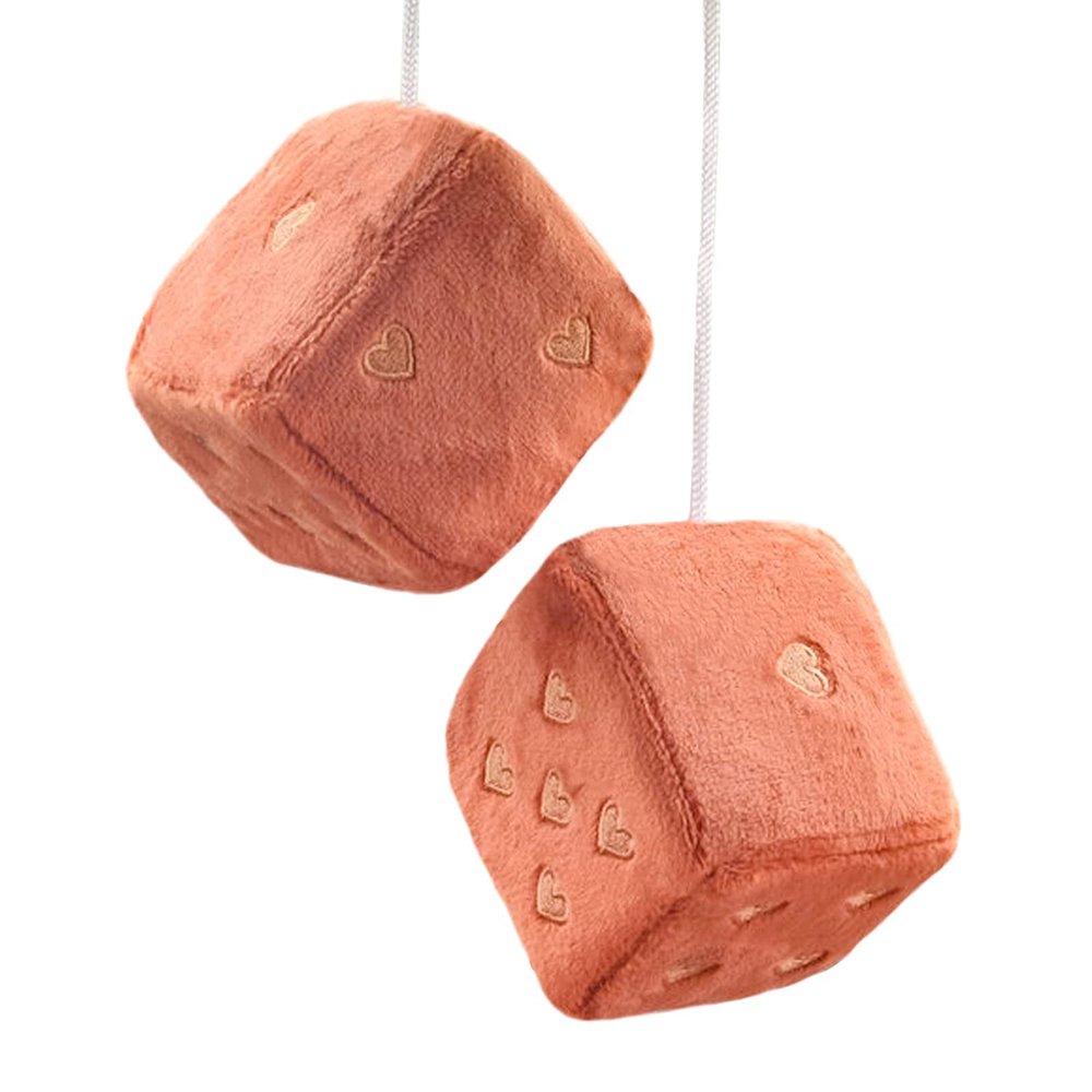 Pair 3 Fuzzy Plush Dice Heart Shape Decor for Car Rearview Mirror, Retro Square Decoration Dice for Car Hanging Accessories (Brown)