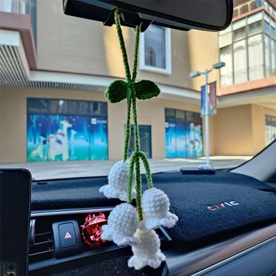 Crochet Plant Cute Car Mirror Hanging Accessories Lily of Valley Car Rear View Mirror Hanging Ornament Car Interior Aesthetic Flower Decor Accessories for Women, White