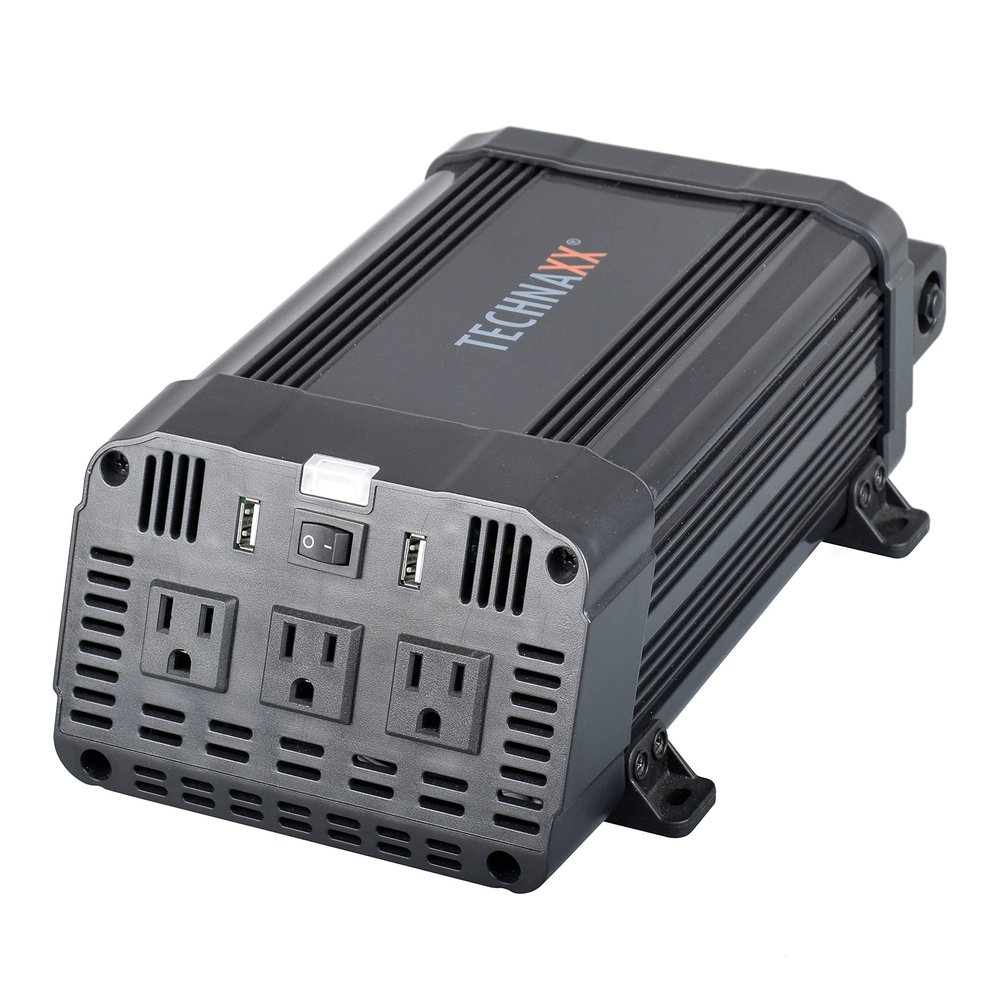Technaxx Car Power Inverter TE16, 3X Plugs, 2X USB Ports, TV Rheinland Certified, converts 12v to 120v - Power Output is 1200W (Continuous) & 2400W (Peak)