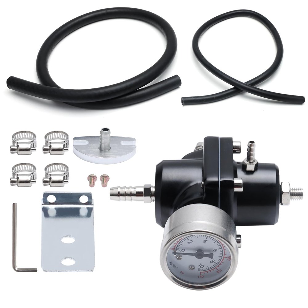 APIELE Adjustable Universal Fuel Pressure Regulator, Aluminum Gasoline Injection Pressure Regulator Kit with 0-140 PSI Gauge and Fuel Line Hose