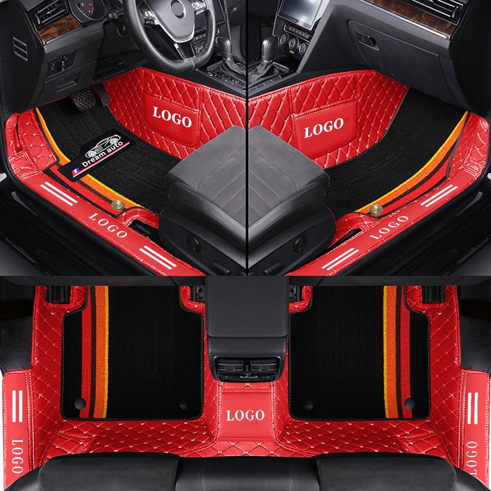 Custom Double Layer Leather Car Floor Mats for 95% Sedan SUV All-Weather Protective Mats Full-Coverage Front and Back Liner Mats for Protection Non-Slip Floor Liner(Red Black)