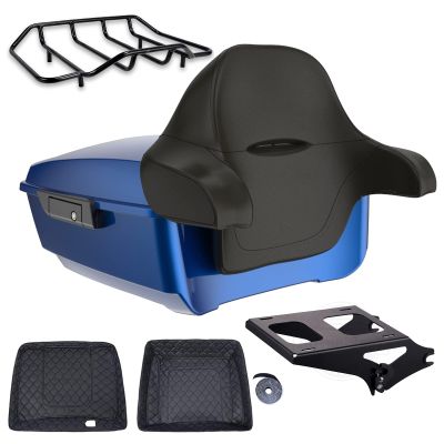 Harley Tour Pack Motorcycle King Tour Pack For 2009+ Harley Touring FLH - Bright Billiard Blue, Top Luggage Rack, Detachable Mounting Bracket & Black Trunk Liners