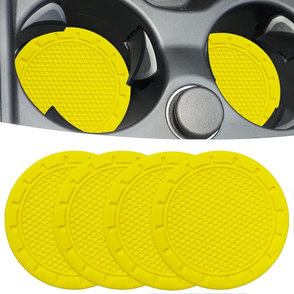 Car Cup Holder Coaster, 4 Pack 2.75 Inch Diameter PVC Non-Slip Universal Insert Coaster, Durable, Suitable for Most Car Interior, Car Accessory for Women Men Yellow