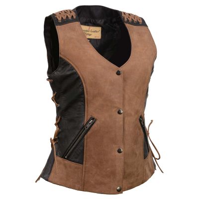 Milwaukee Leather MLL4509 Women's 'Smoocher' Vintage Two Tone Crazy Horse Brown and Black Leather Club Style Motorcycle Vest - X-Large