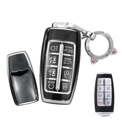 SANRILY Sliver-Edge 8 Button Smart Key Fob Cover for Genesis GV80 2021 2022 G80 GV70 G90 Keyless Soft TPU Key Case with Bling Keychain Black