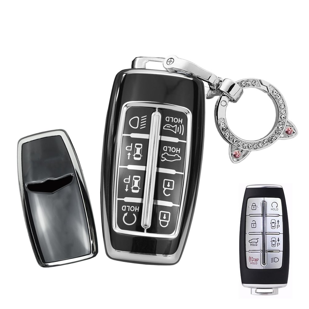 SANRILY Sliver-Edge 8 Button Smart Key Fob Cover for Genesis GV80 2021 2022 G80 GV70 G90 Keyless Soft TPU Key Case with Bling Keychain Black