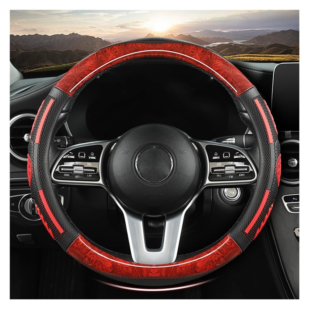 FUERU Car Steering Wheel Cover Set Universal Car Steering Wheel Cover Mahogany Grain Leather Comfort Shock-Absorbing Car Interior (Color : 1#)