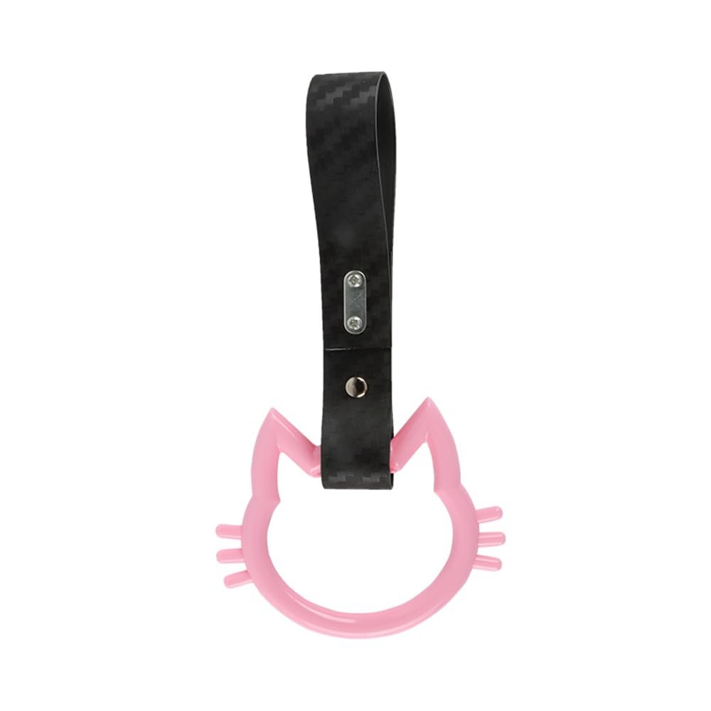 Q1-TECH, JDM Tsurikawa Ring Japanese Subway Train Bus Car Handle Kitty Cat Handle Hand Strap Rear Front Bumper Warning Rings Drift Charm Drift Car Accessory (Pink/Carbon Strap)