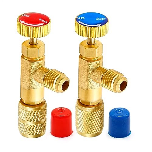 Hoypeyfiy 2Pcs Refrigerant Charging Valve Adapter Set, R12 R22 1/4" Male to 1/4" Female and R410A 1/4" Male to 5/16" Female Flow Control Ball Valve for HVAC Manifold Gauge