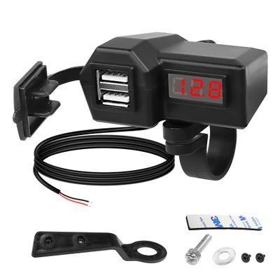 XMSJSIY Motorcycle USB Charger 5V 3.1A Dual USB Phone Charger Adapter Kit Cable with VoltmeterWaterproof and ON/Off Switch,Handlebar Mounting or Diameter Rearview Mirror Holder-1.4M/4.59FT