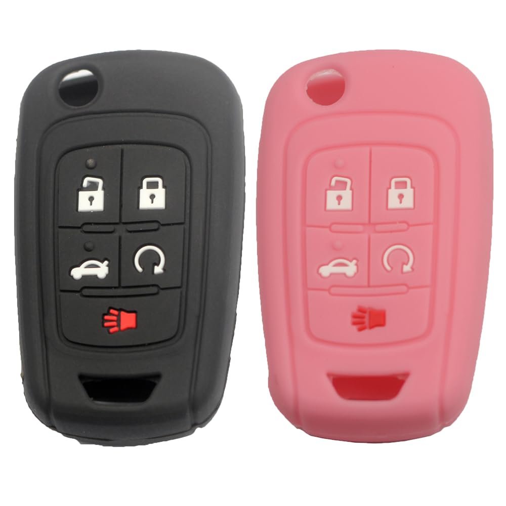 Btopars 2pcs 5 Buttons Silicone Rubber Flip Key Fob Cover Case Protector Holder Compatible with Chevrolet Camaro Cruze Equinox Impala Malibu Sonic Black Pink
