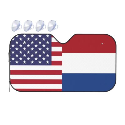America Netherlands Friendship Flag Foldable Car Windshield Sunshade Blocks Heat and Sun Glare Uv Rays