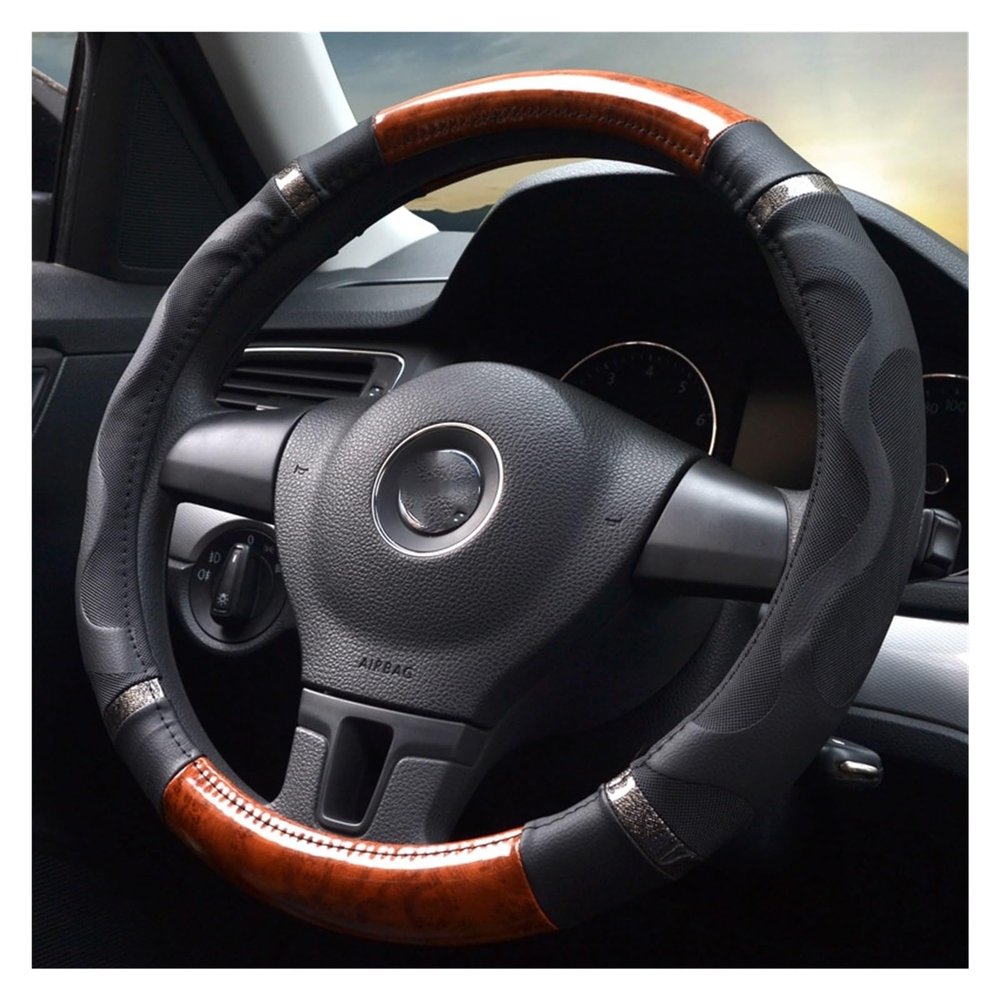FUERU Car Steering Wheel Cover Set Car Steering Wheel Cover Simple Mahogany Grain Microfiber Leather Soft Skin-Friendly Car Interior (Color : 2#)