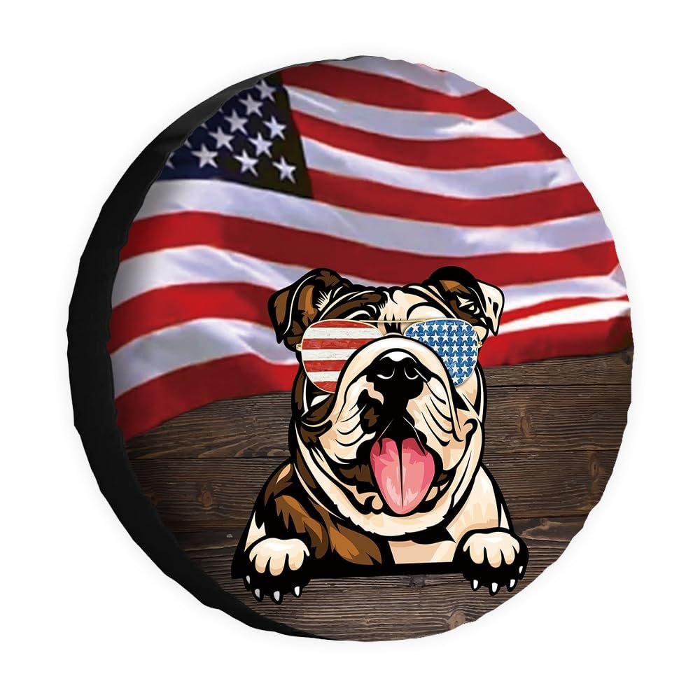 Cafetime Dog Spare Tire Cover English Bulldog with Sunglasses American Flag USA Wheel Protectors Covers Dust Proof 17 Inch Universal for Trailer RV SUV Truck Camper Travel Trailers
