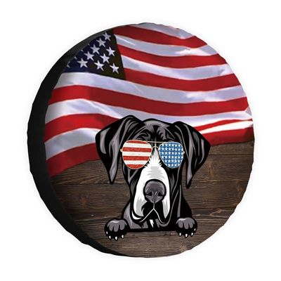 Cafetime Dog Spare Tire Cover Great Dane with Sunglasses American Flag USA Wheel Protectors Covers Dust Proof 14 Inch Universal for Trailer RV SUV Truck Camper Travel Trailers