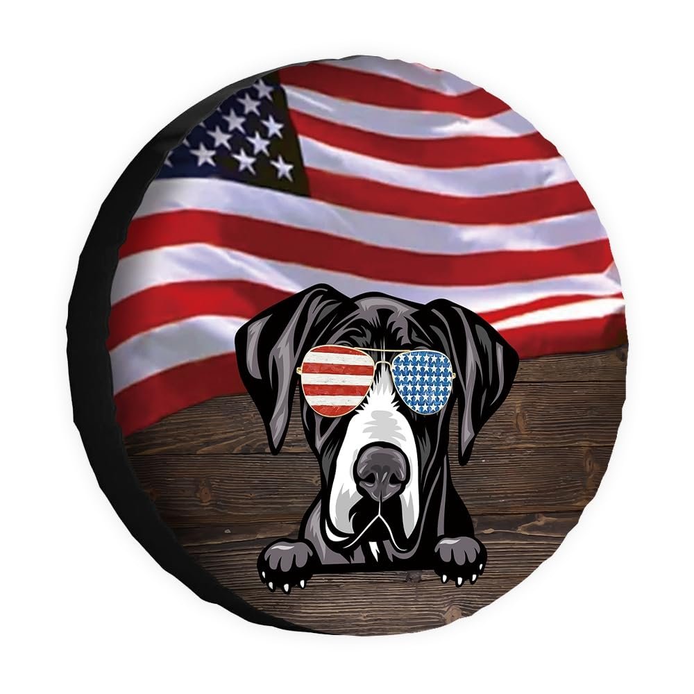 Cafetime Dog Spare Tire Cover Great Dane with Sunglasses American Flag USA Wheel Protectors Covers Dust Proof 14 Inch Universal for Trailer RV SUV Truck Camper Travel Trailers