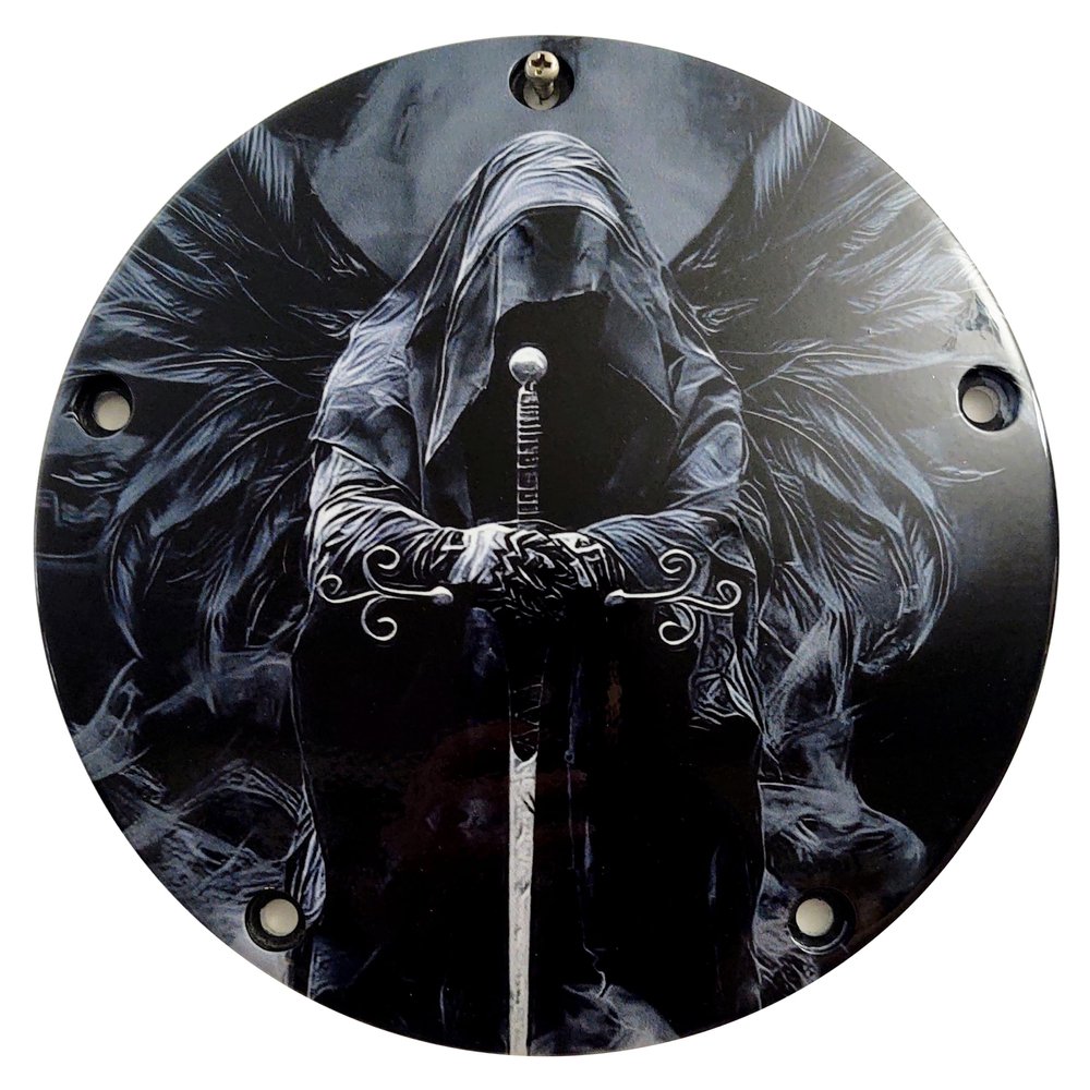 Custom Aluminum 5 Hole Narrow Profile 2016+ Touring Derby Clutch Cover for Harley Davidson - Dark Angel Reaper (Glossy Finish, 2015 Ultra/Electra Low)
