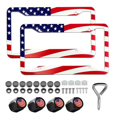 American Flag License Plate Frame Holder - 2 Pack Universal Aluminum US Flag Patriotic Car License Plate Frame with Screws Fasteners Caps, 4 Metal Car Valve Caps