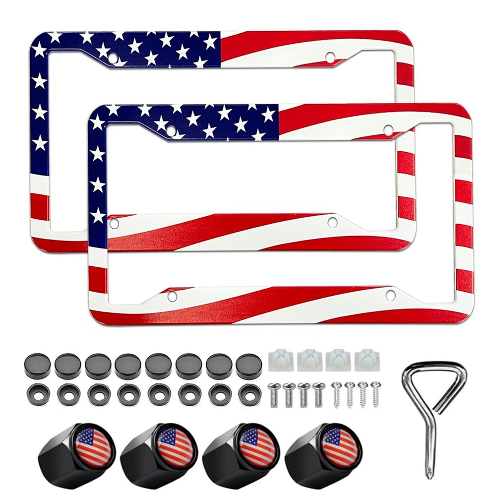 American Flag License Plate Frame Holder - 2 Pack Universal Aluminum US Flag Patriotic Car License Plate Frame with Screws Fasteners Caps, 4 Metal Car Valve Caps