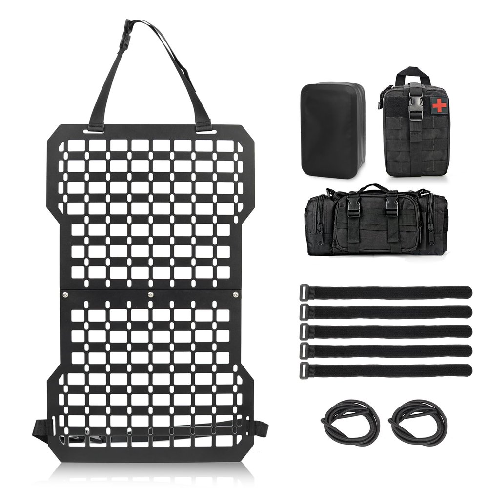 MAIKER Rigid Molle Panels For Vehicles Truck Mount Rack Panel Tactical Seat Back Organizer Adjustable Versatile Panel with Hook and Loop Fasteners & Elastic Rope for Storage Gears Accessories, Black