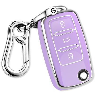 QBUC for VW Key Fob Cover with Keychain Silver Trim(Purple)