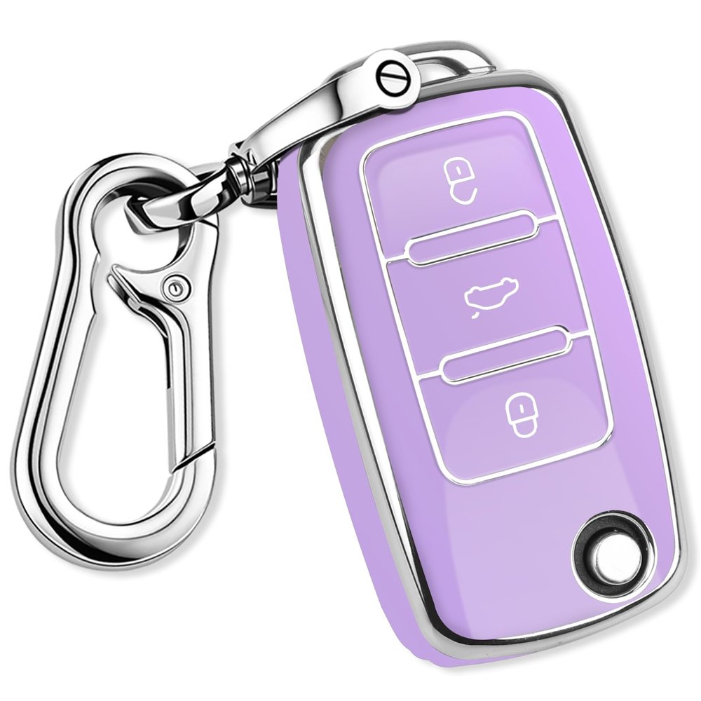 QBUC for VW Key Fob Cover with Keychain Silver Trim(Purple)