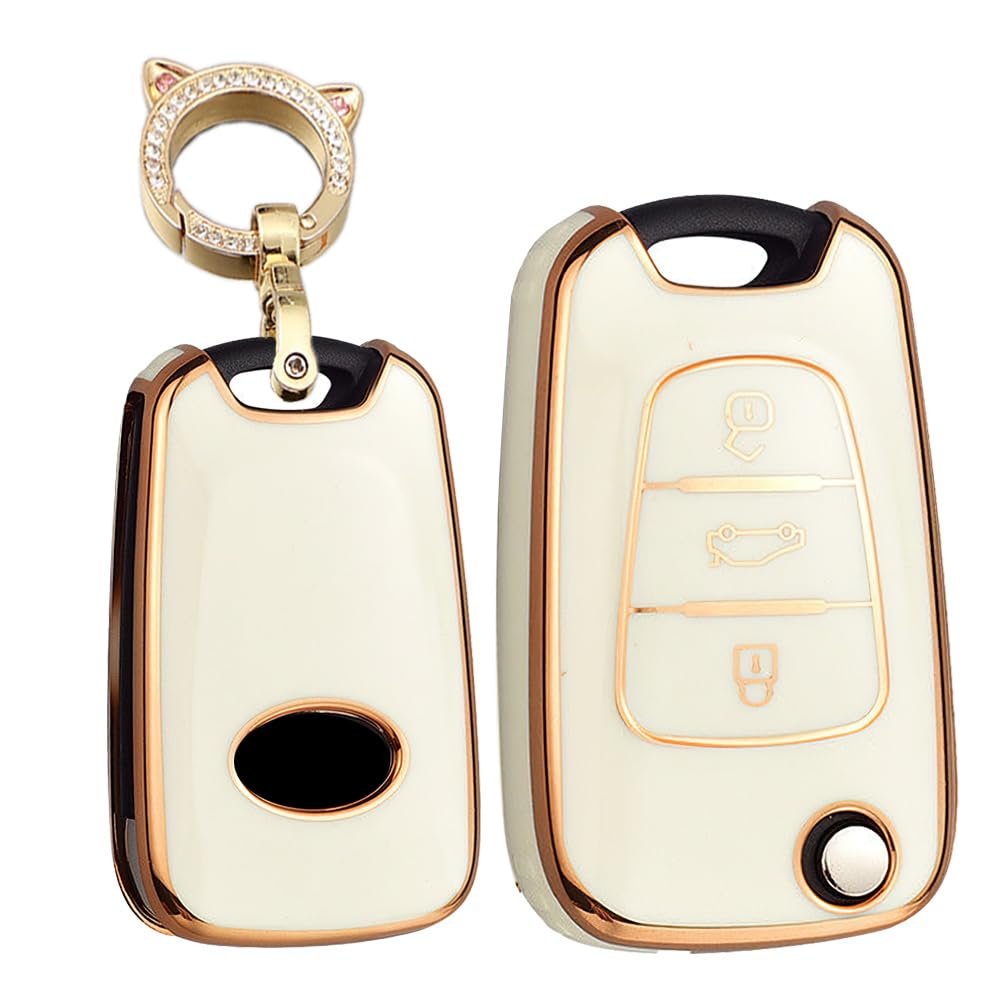 TECART Fold Key Case Fit For Hyundai Ix25 Ix35 Soft TPU Keychain Key Fob Key Shell Accessories Protector 3 button White