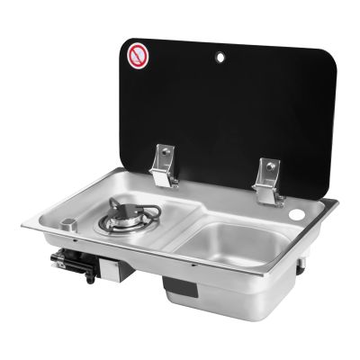 Camping RV Stove Sink Cooktop Combo,Outdoor Stainless Sink RV Kitchen Sink Stove Combo, RV Sink Gas Stove Burner Boat Caravan Camper Sink Stove, LPG Gas Stove Hob & Sink w/Tempered Glass Lid Cover