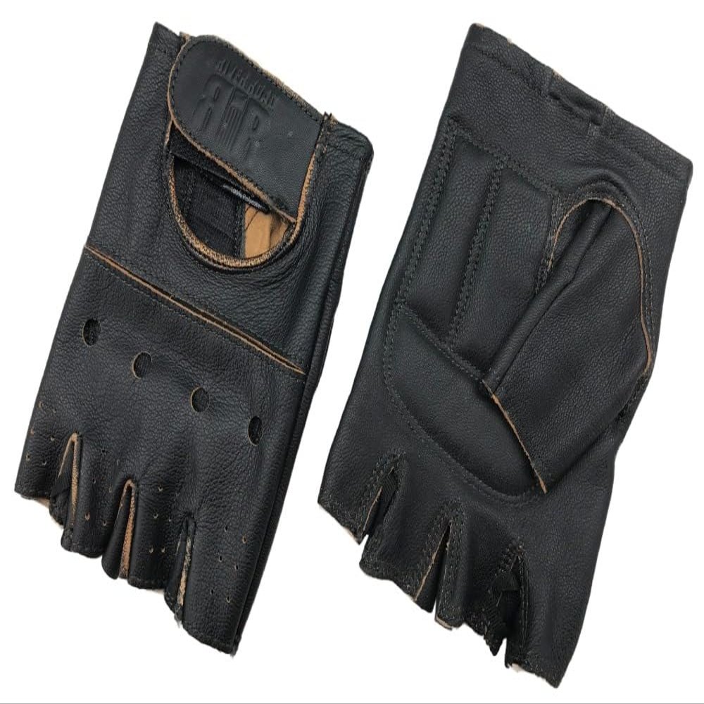 River Road Buster Mens Vintage Leather Motorcycle Fingerless Gloves Brown XXL