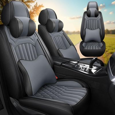 HHXT Leather Seat Cover for Cadillac CT5 2020-2025, Waterproof Soft Seat Covers with Airbag Compatible, Automotive Interior Accessories Seat Cushions(Black&Gray, 2PCS Front with Pillow)