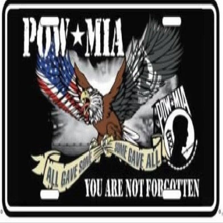 POW MIA EAGLENEVER Forgotten Black Aluminum Metal License Plate Sign Tag