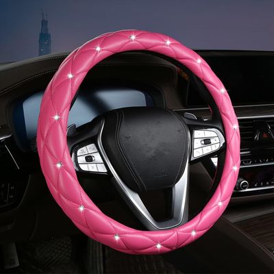 Car Steering Wheel Cover with Bling Rhinestones PU Leather Anti-Slip 15 Inch Car Wheel Protector for Women Girl Universal Fit Suvs,Vans,Sedans,Car Hot Pink