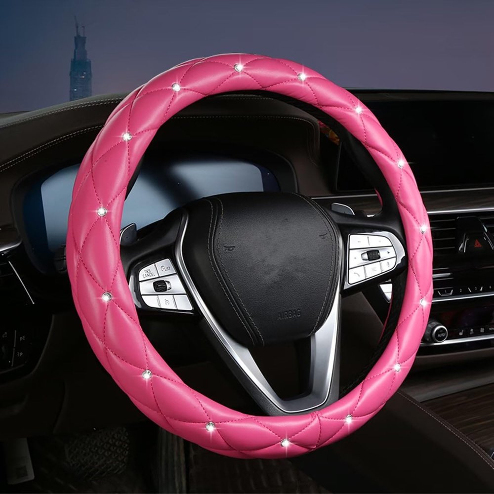 Car Steering Wheel Cover with Bling Rhinestones PU Leather Anti-Slip 15 Inch Car Wheel Protector for Women Girl Universal Fit Suvs,Vans,Sedans,Car Hot Pink