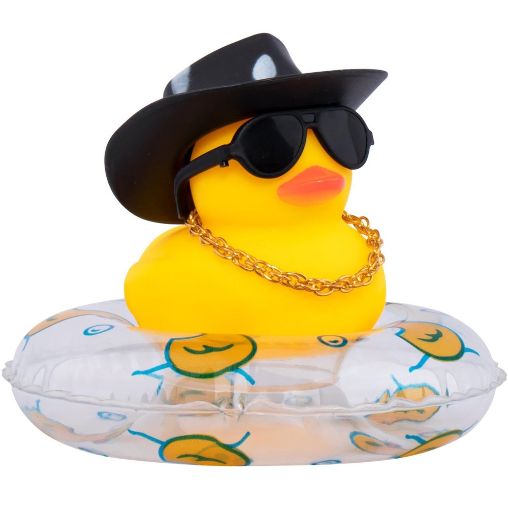wonuu Car Rubber Duck, Yellow Duck Decoration Dashboard with Sun Hat Swim Ring Necklace Sunglasses for Car Dashboard Decorations, White Spots Black Cowboy Hat-Transparent