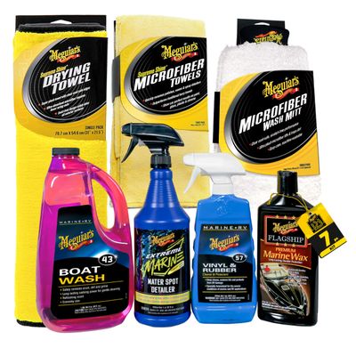 Meguiar's Boat & RV Wash & Wax Starter Kit - The Perfect Detailing Kit For Boats & RVs - Includes Wash, Wax, Water Spot Remover, Vinyl & Rubber Detailer and Cleaning Accessories