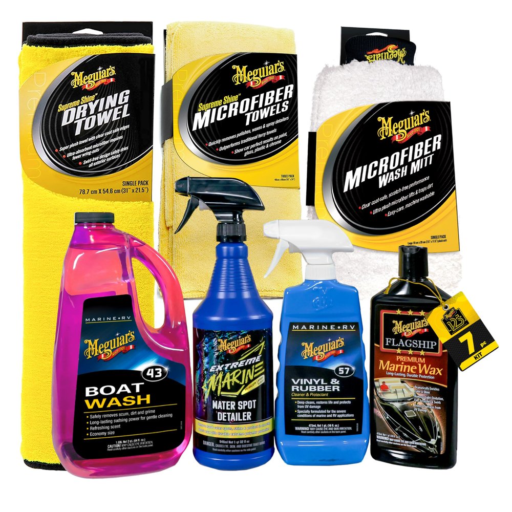 Meguiar's Boat & RV Wash & Wax Starter Kit - The Perfect Detailing Kit For Boats & RVs - Includes Wash, Wax, Water Spot Remover, Vinyl & Rubber Detailer and Cleaning Accessories