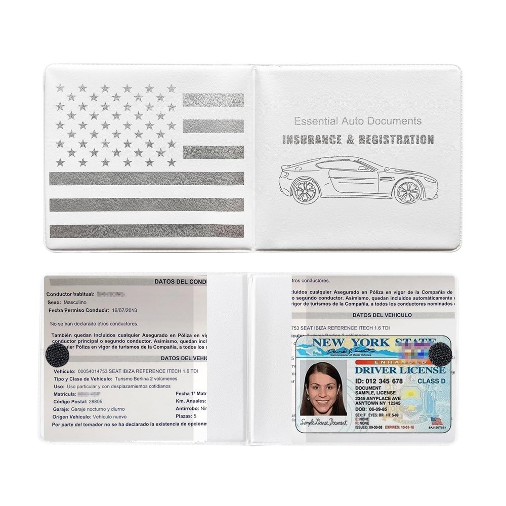 Ziciner Car Registration Insurance Holder, 2Pack Essential Auto Card Document Glove Box Organizer with Touch Fastener, Vehicle Interior Accessories Perfect for Most Car, Truck, SUV (White/Back Flag)