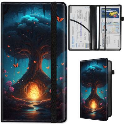 Qindaiwen Car Registration and Insurance Holder, Vehicle Card Document Elastic Band Closure Glove Box Organizer, Driver License Cards, Car Accessories for Essential Info, Magic Tree