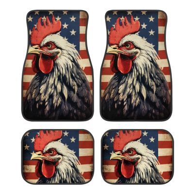 Set of 4 Anti-Slip Retro Universal Fit Car Floor Mats Protector for SUV Truck Sedans American Flag Cock Car Floor Mats for Man Women Anti Stain Decorate Auto Carpet